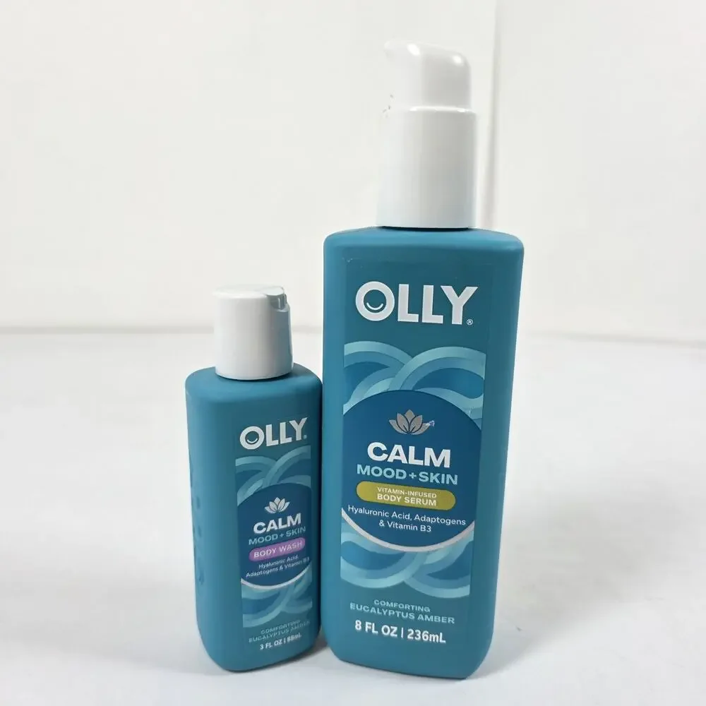 OLLY CALM Mood +Skin Body Wash 3oz With Body Serum 8oz -2 pk Eucalyptus Amber
